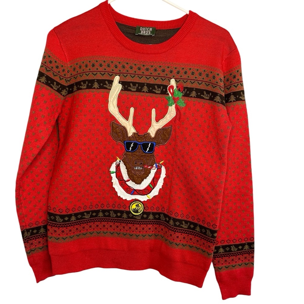 Dutch Bros SMALL+MEDIUM+LARGE Red RARE Christmas Sunglass Reindeer Ugly Sweater